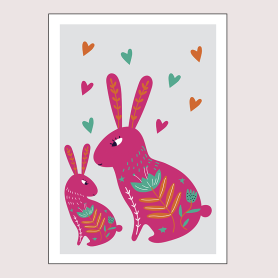Affiche :  Lapin et son bébé ornée de jolis coeurs Affiche :  Lapin et son bébé ornée de jolis coeurs