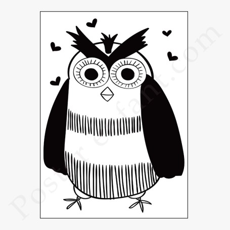 Affiche Hibou et petits coeurs noirs