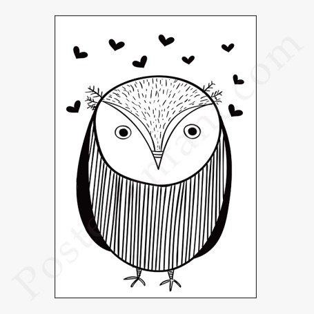 Affiche Hibou et petits coeurs noirs